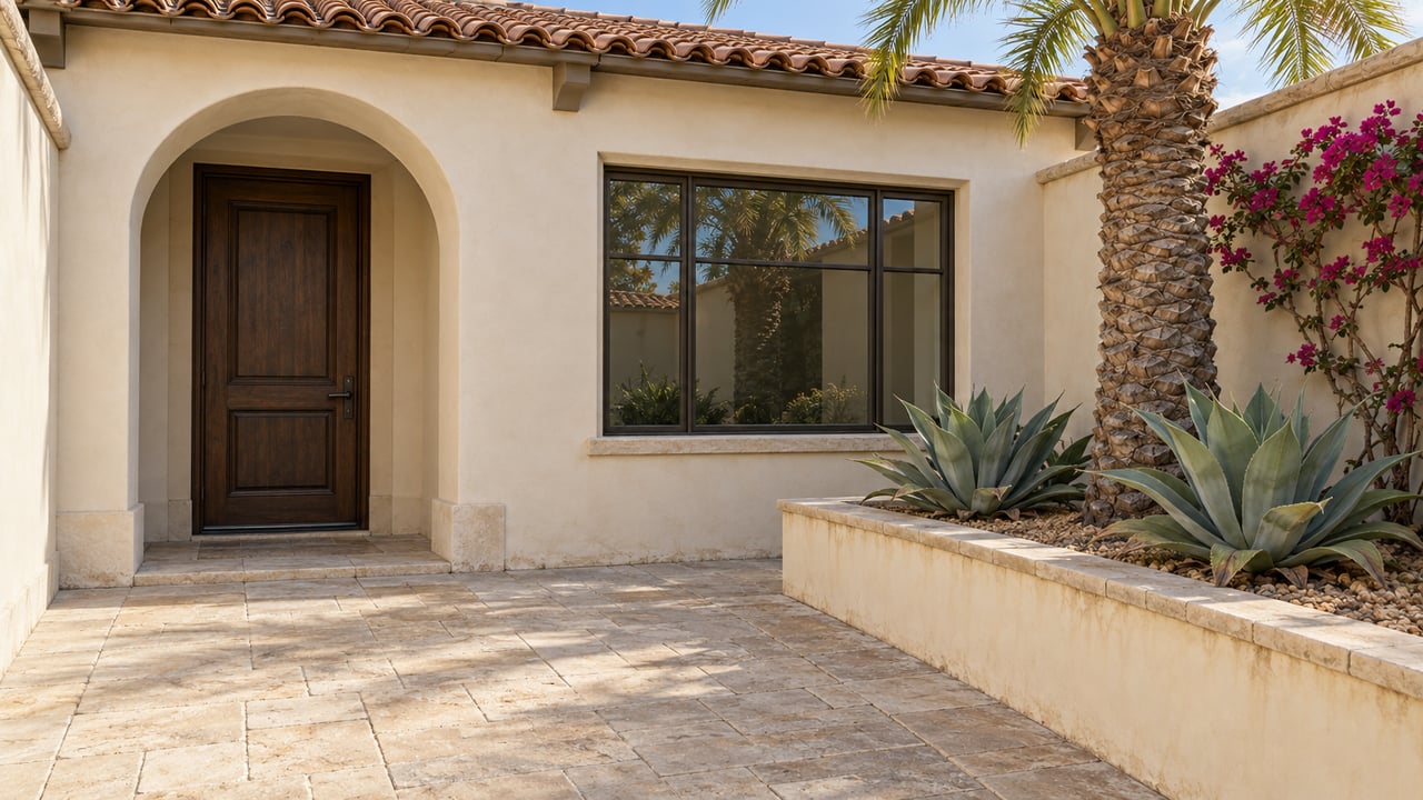 Cream stucco courtyard with a recessed arched oak door, limestone paving, date palm and magenta bougainvillea in a raised planter.
