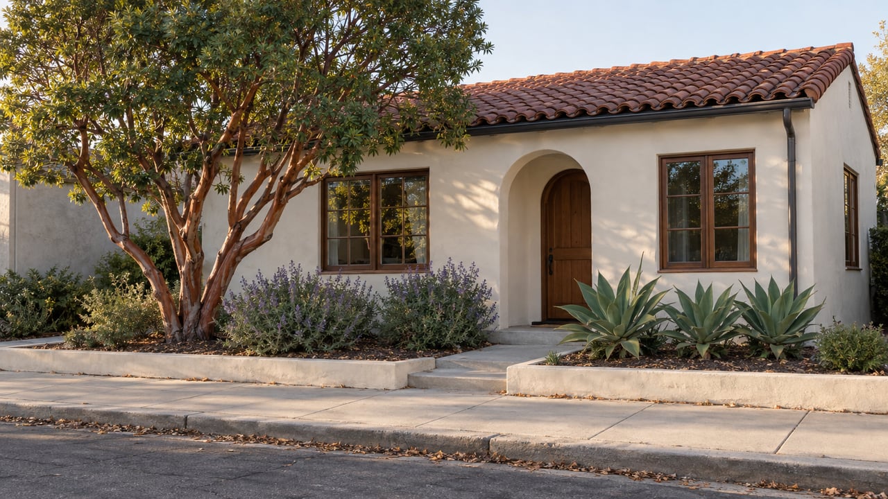 One-story white stucco house with a red-tile roof, arched entry, and drought-tolerant plants beside the sidewalk.