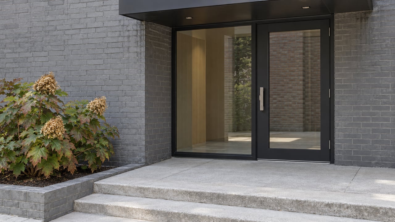 Gray brick residential entrance with a black canopy, glazed door, concrete steps and an oakleaf hydrangea beside a masonry curb.