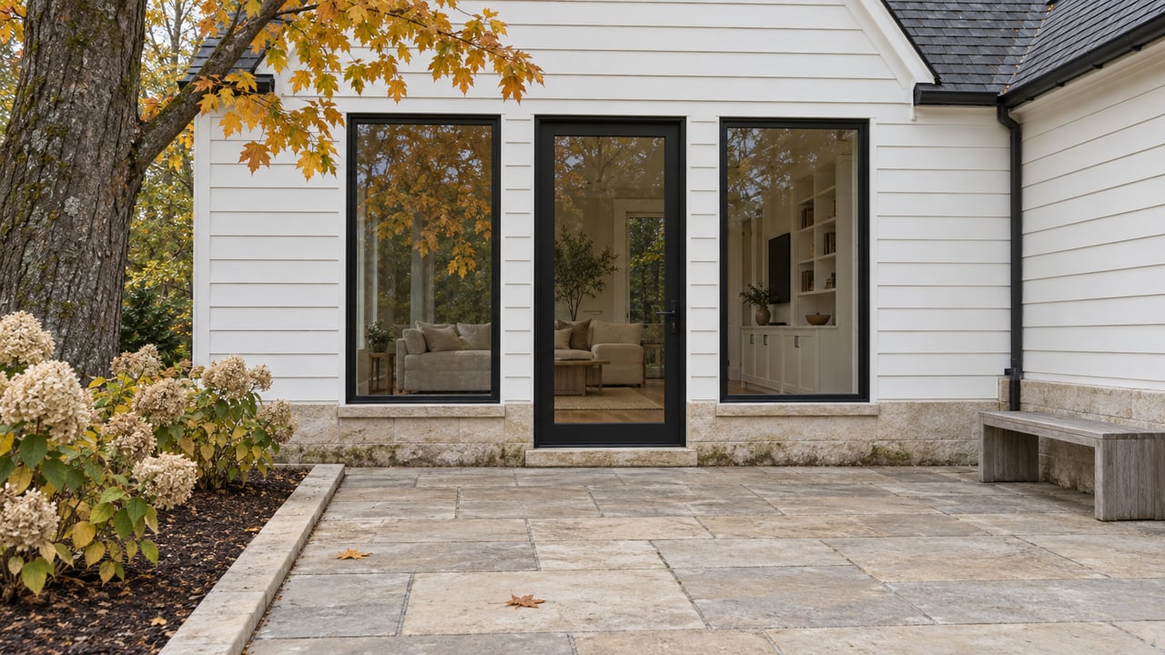 White-sided home with black-framed glazed doors, limestone terrace, silvered teak bench, and autumn maple leaves.
