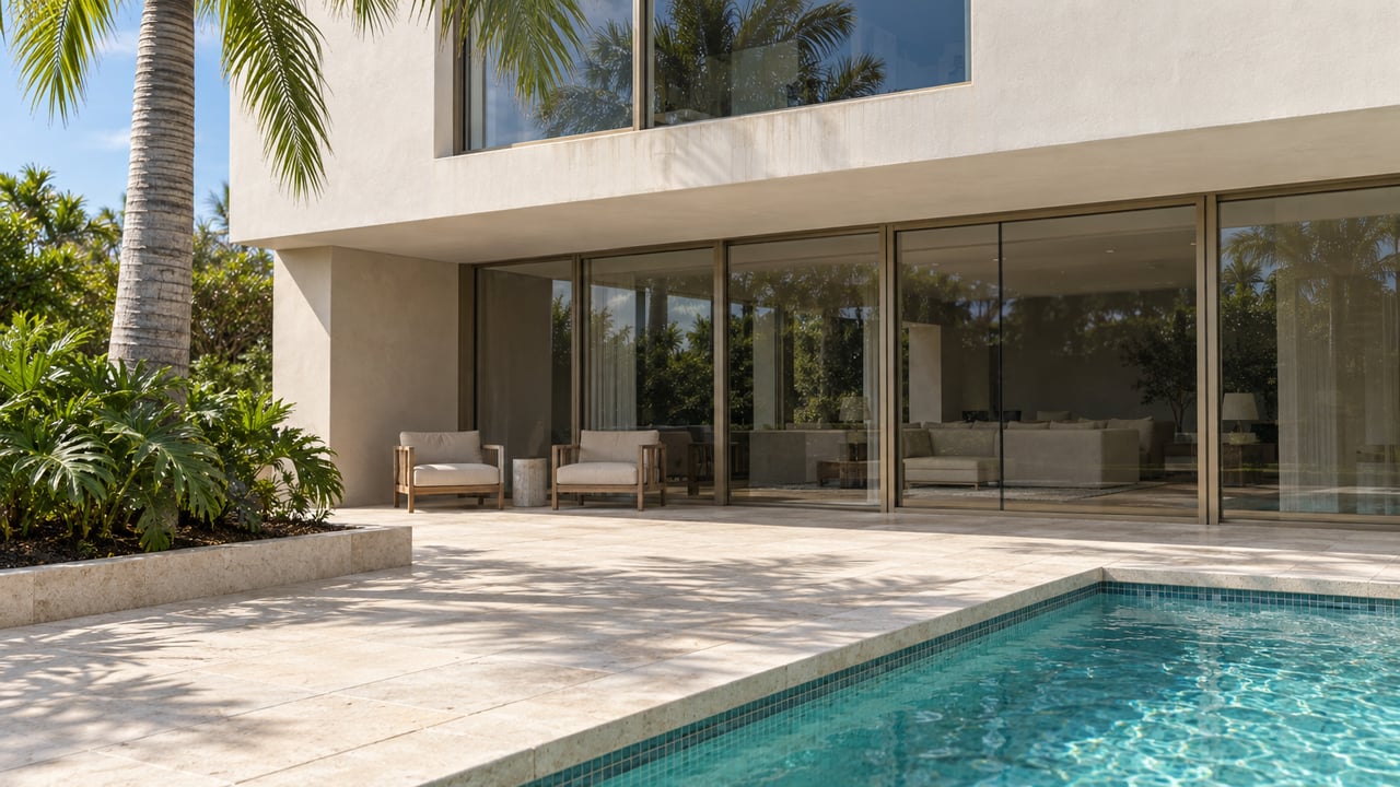 Ivory stucco waterfront residence with enclosed glass living room, limestone pool terrace, teak loungers and a mature royal palm.