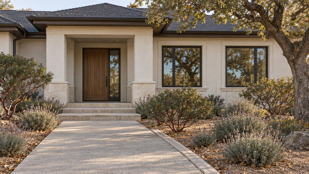 Cream stucco home with a recessed oak entry, limestone steps and a broad garden of blue oak, manzanita and sage.