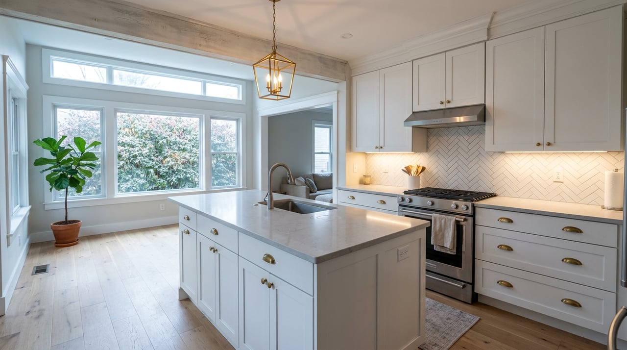Renovated kitchen with white shaker cabinets, a brass pendant over the island, and daylight through windows.