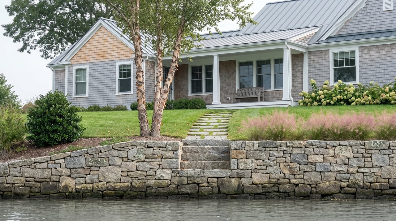 Stone revetment rises from calm water toward a sloped lawn and weathered shingle-clad house.