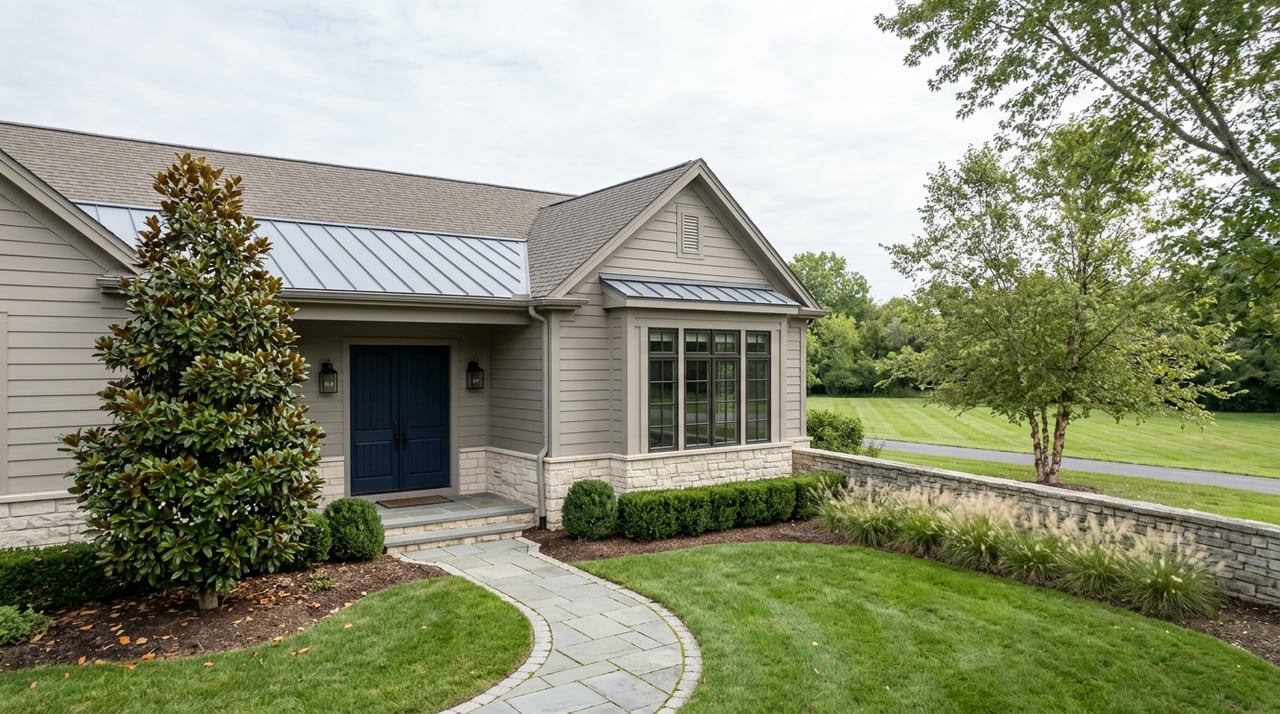 Dove-gray home with a navy double door, stone foundation, front lawn, paver walkway, and magnolia tree.
