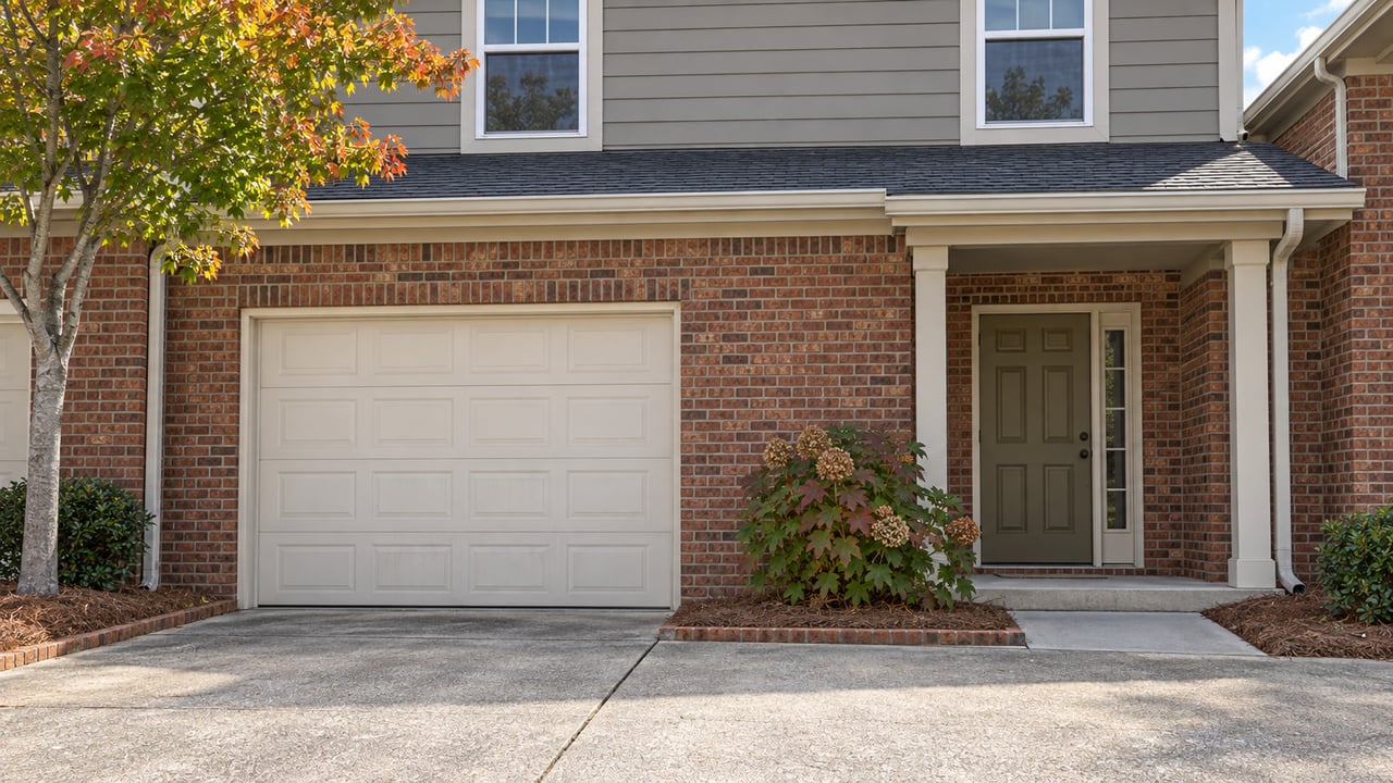 Two-story attached home with warm brick, gray lap siding, a cream garage door and recessed olive entry beside an oakleaf hydrangea.