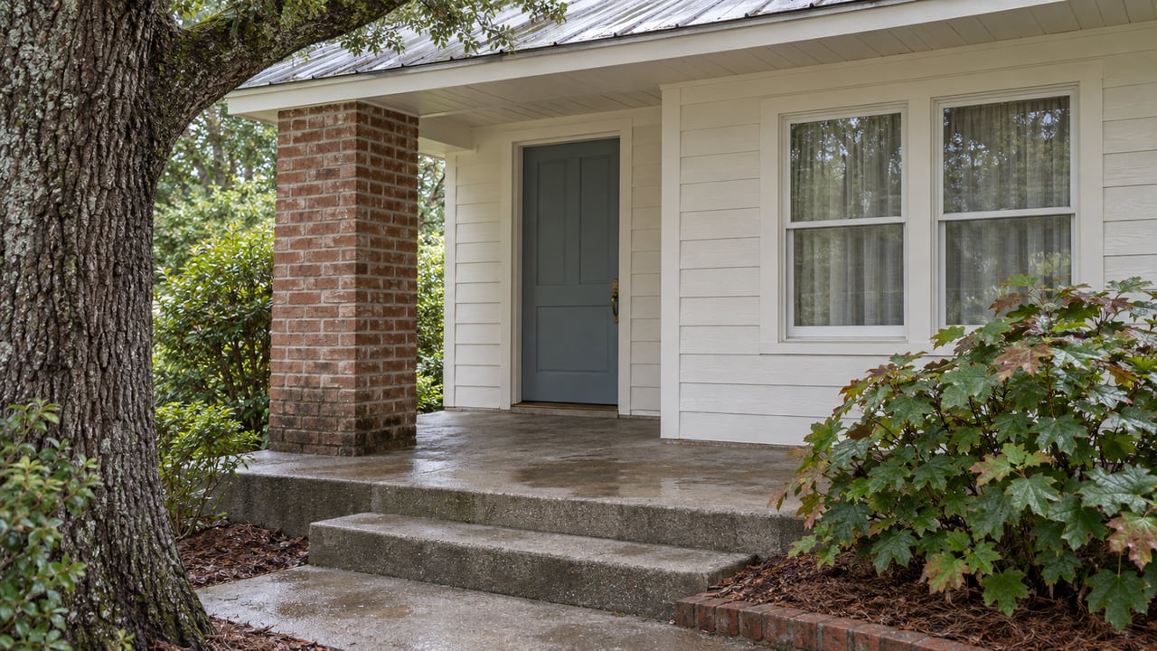 Rain-softened daylight across a modest covered porch with white timber siding, a brick pier, blue-gray door and oakleaf hydrangea beside concrete steps.