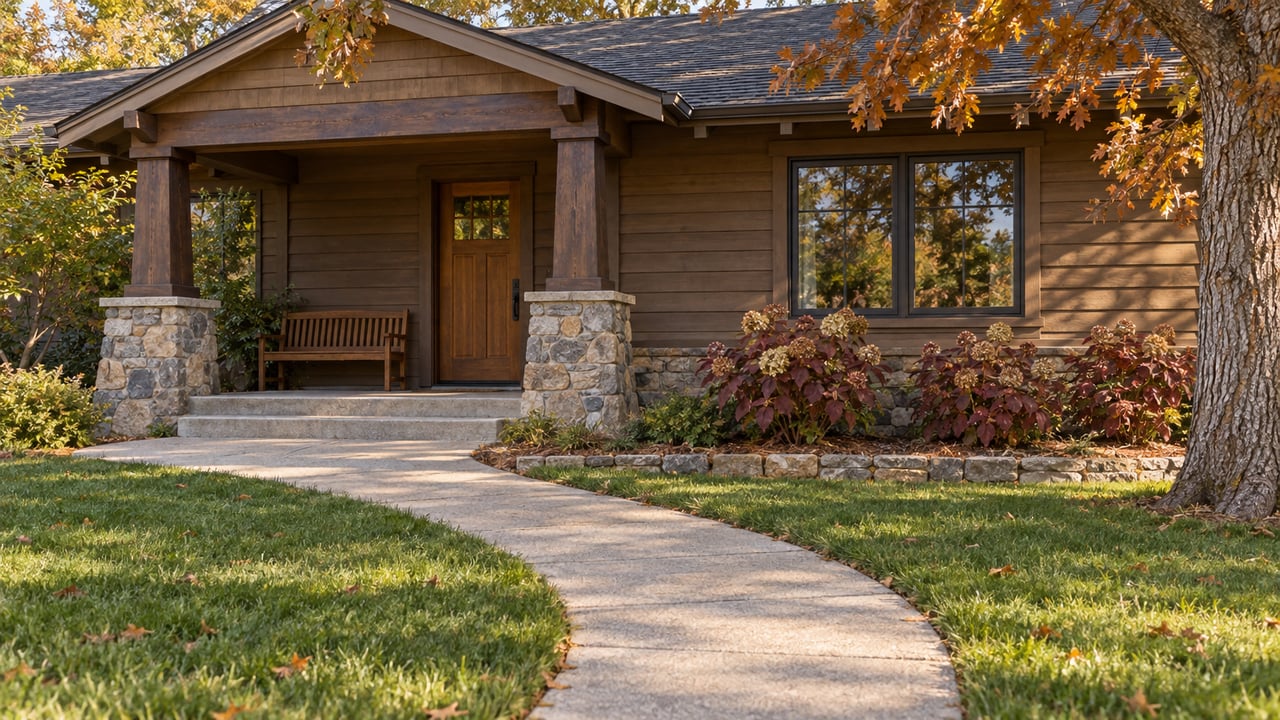 Timber-sided Craftsman home with a covered stone porch, curved concrete walk, and autumn oak foliage.
