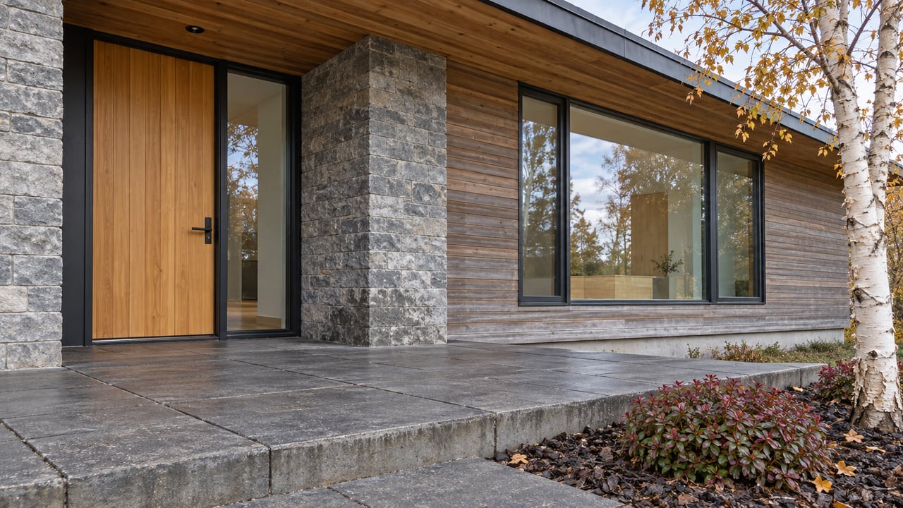 Covered entry of a contemporary home with weathered cedar siding, a natural stone pier, dark-framed windows and a birch with sparse autumn leaves.