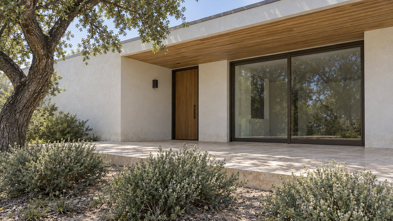 Cream-white stucco home with a wood-lined covered terrace, bronze-framed glass doors and native oak and rosemary planting.