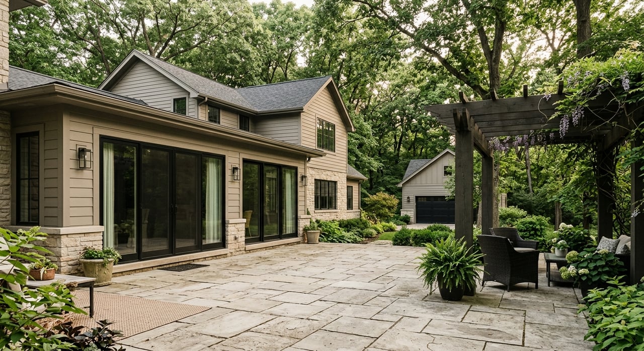 Limestone patio leads to a greige-sided house with black sliding doors, cedar pergola, and detached studio.