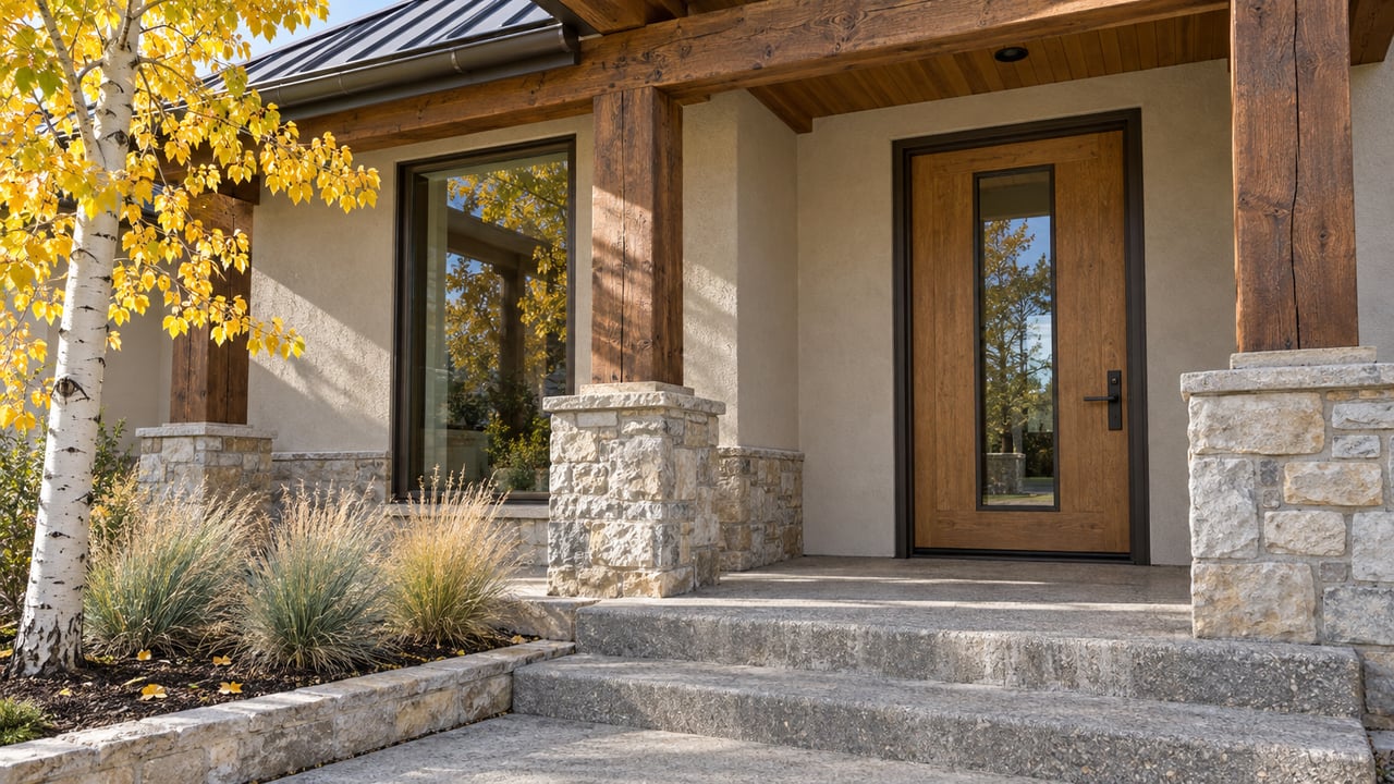 Autumn sunlight on a timber-framed home entry with limestone piers, bronze-framed glazing, concrete steps and golden aspen leaves.