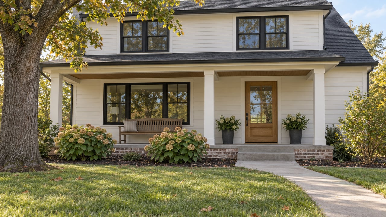 White transitional house with black-trim windows, a covered porch, deep front lawn and an oak tree in early autumn light.