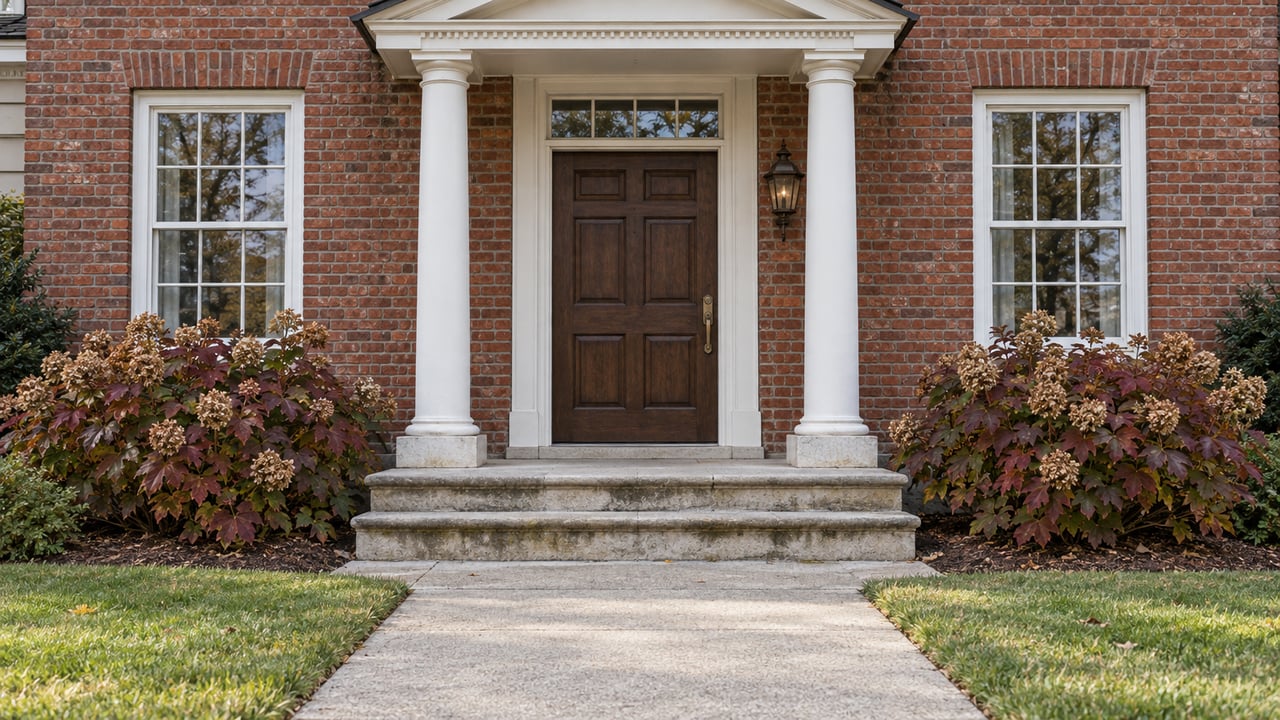 A red-brick home's white portico, oak front door and worn limestone steps framed by autumn oakleaf hydrangeas.