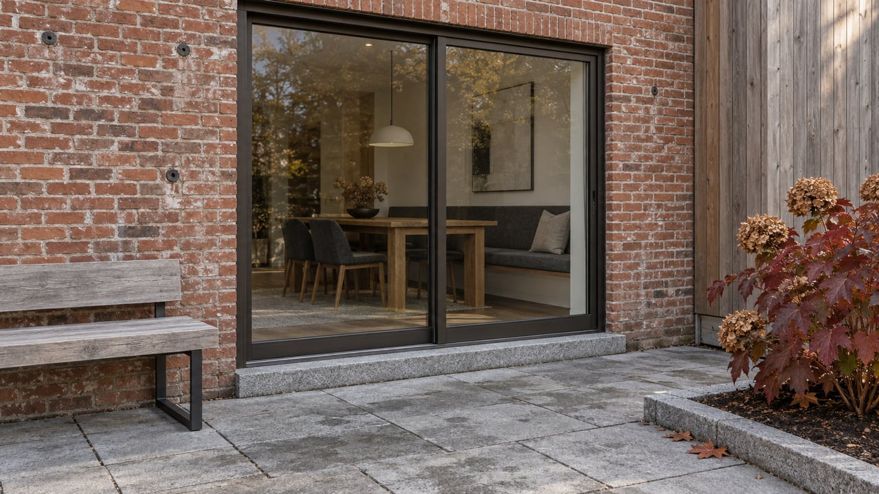 Renovated brick home with a dark-framed glazed entrance, weathered cedar siding and a granite terrace beside autumn oakleaf hydrangea.