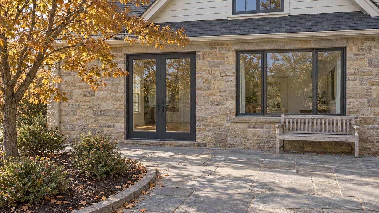 Stone and cream-sided home opening onto a sandstone terrace beside an ochre-leaved maple and a weathered oak bench.