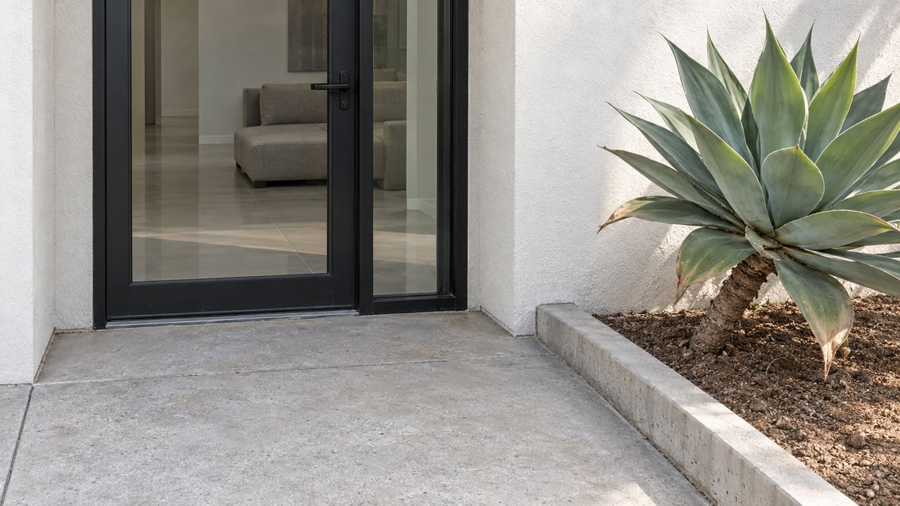 Modern home's recessed glass entry beside a sculptural agave, with white stucco walls and a concrete landing edged by a raised planting curb.