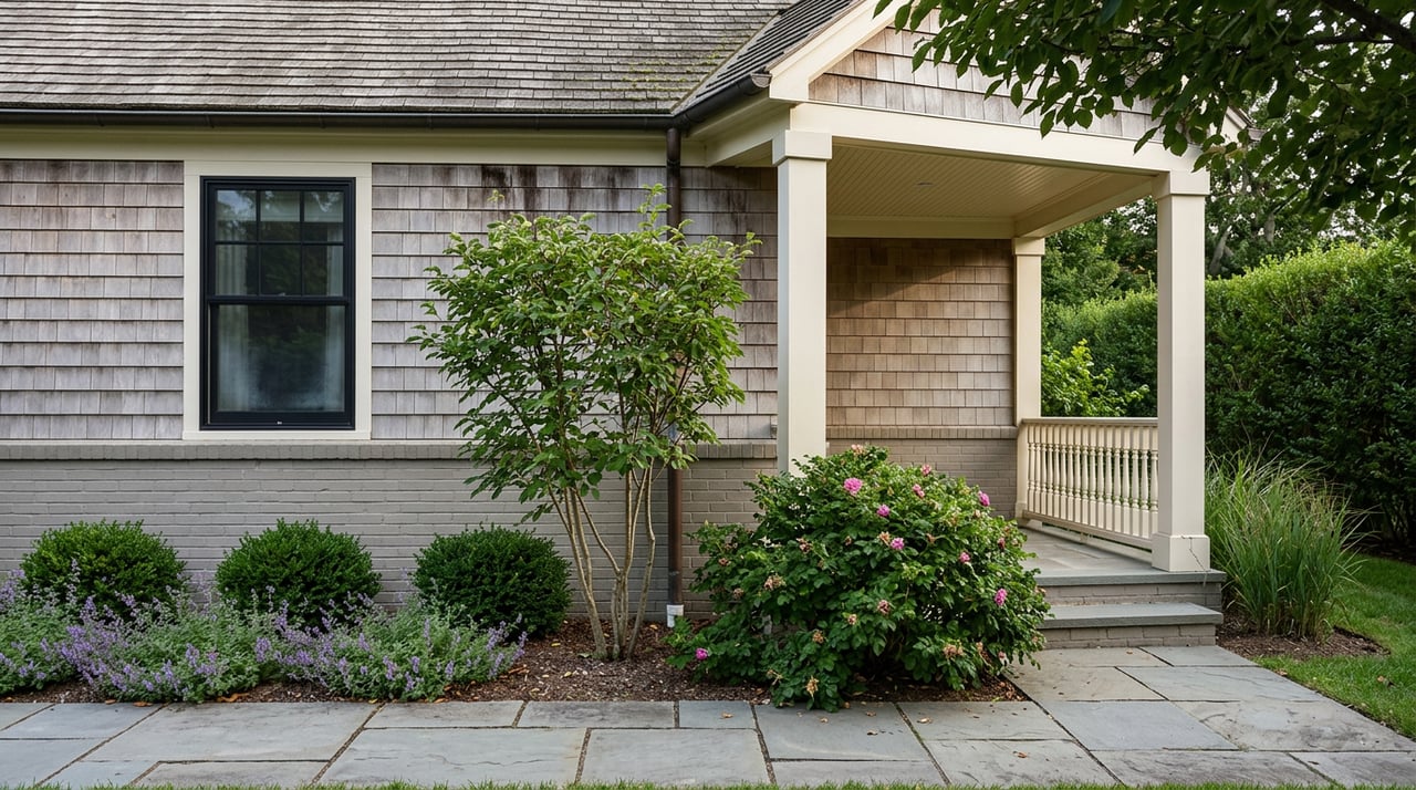 Weathered cedar-shingle cottage with a covered porch, bluestone walk, and coastal plantings.