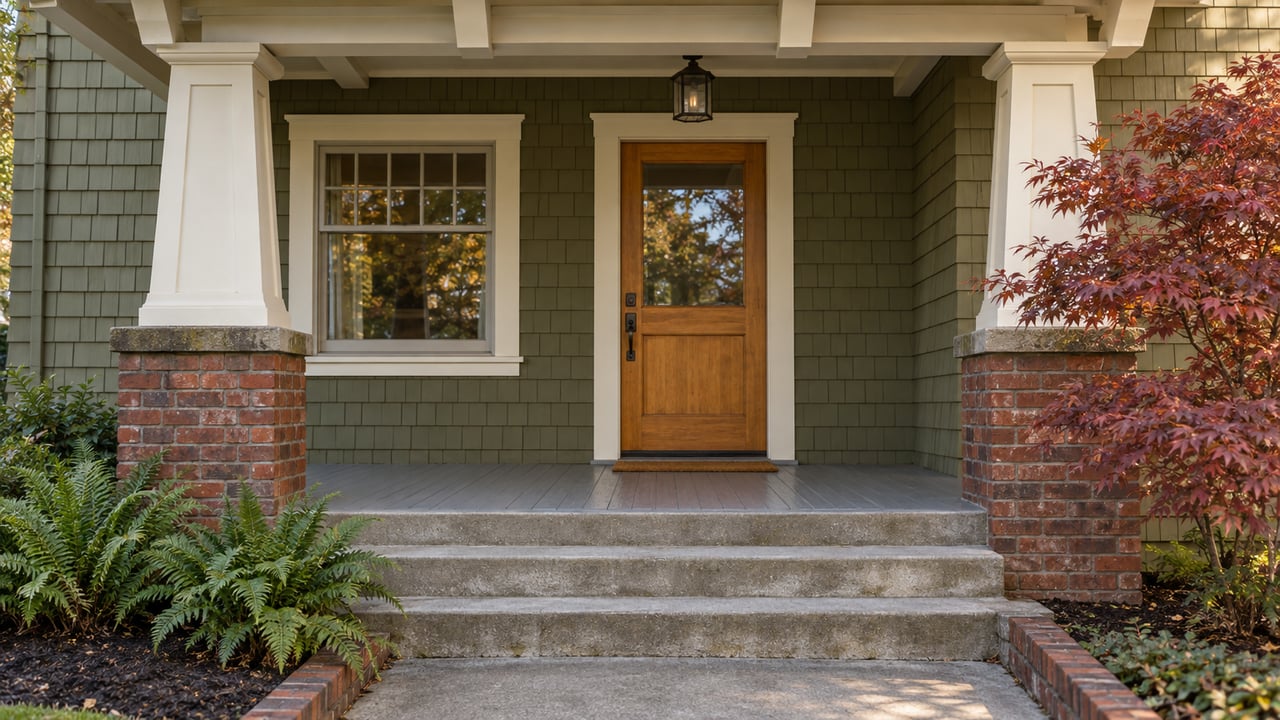 Covered porch with olive cedar shingles, brick column bases, an oak entry door, and autumn maple leaves.