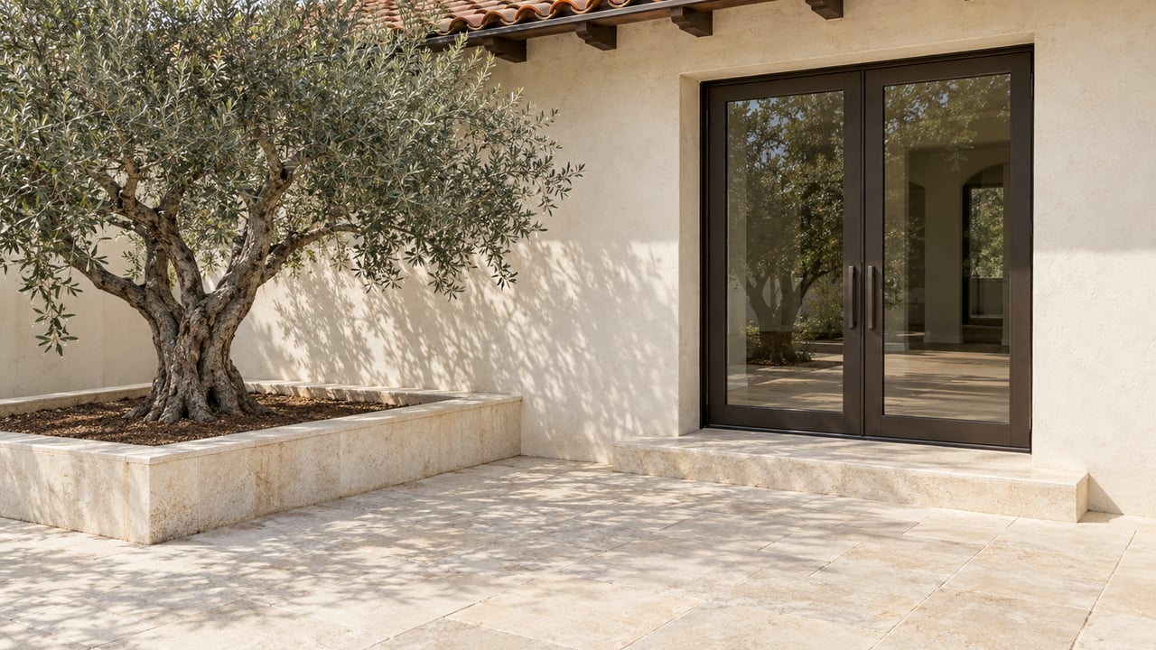 Sunlit stucco home entry with a dark-framed glass double door, limestone terrace and a mature olive tree in a raised stone bed.