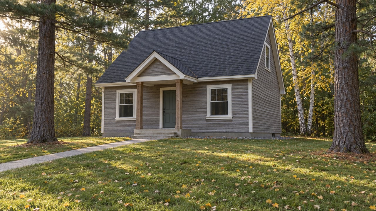 Weathered cedar-sided house with a covered porch, flanked by tall trees above a lawn and diagonal walkway.