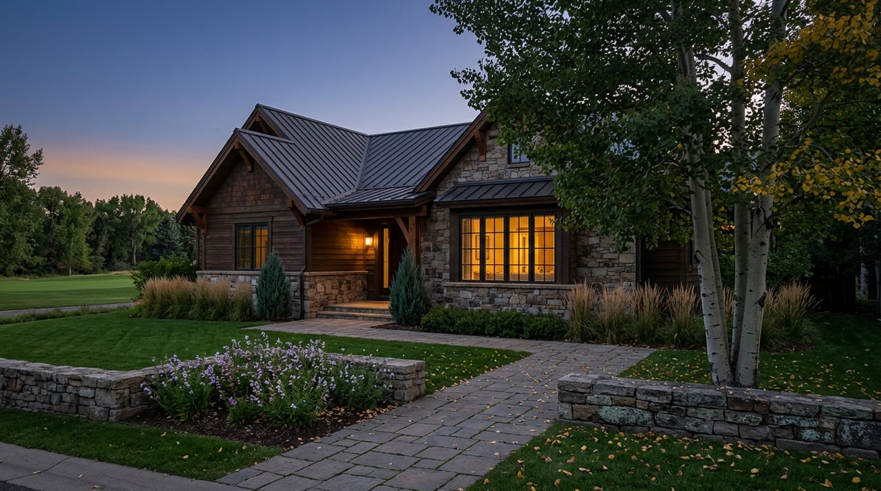 Two-story stone-and-timber house glowing at blue hour, with a curved paver walk and golden aspen.