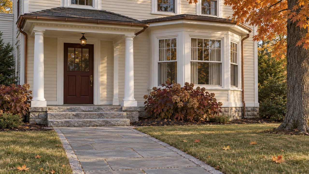 Ivory clapboard home with an oxblood front door, granite steps, a projecting window bay, and autumn planting.