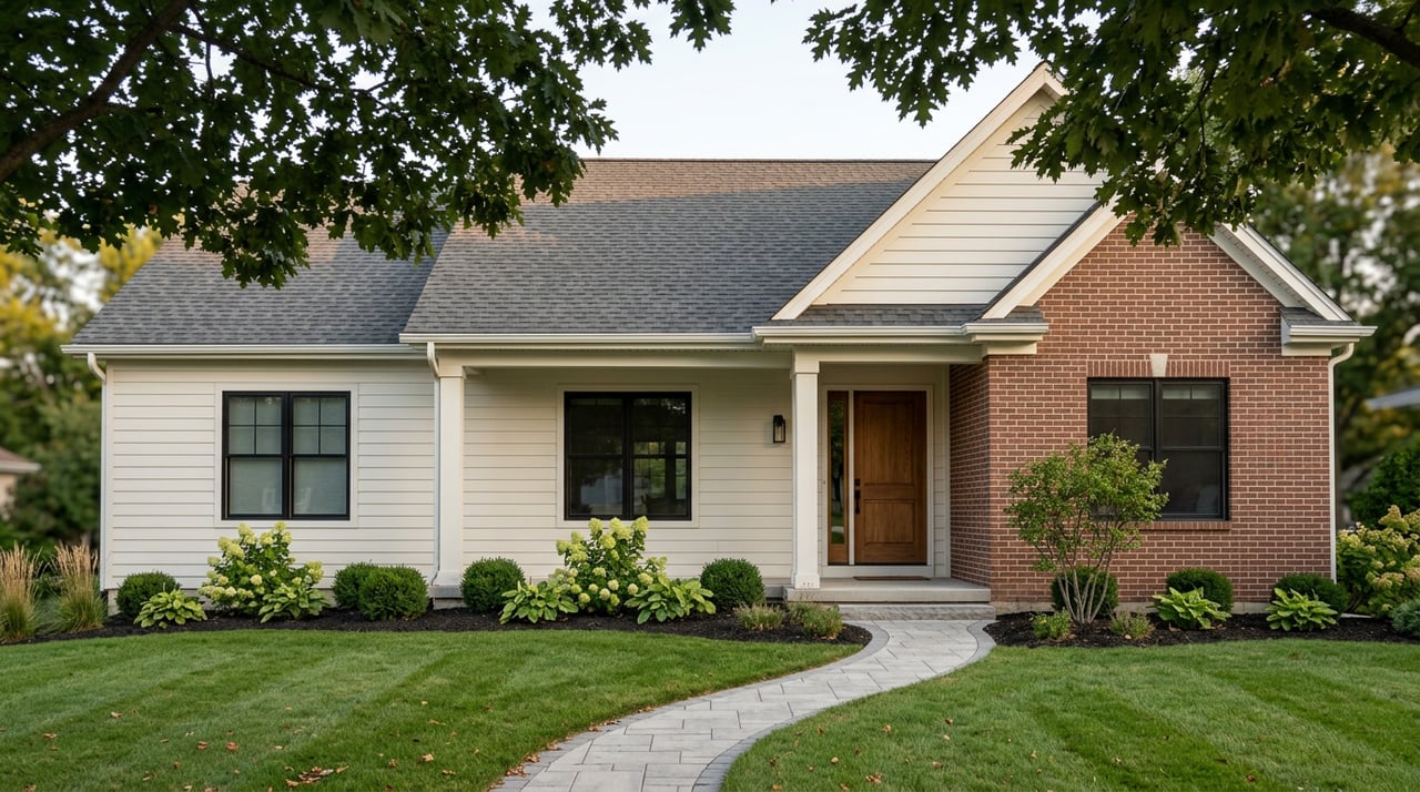 Suburban home with a brick entry, pale siding, broad lawn, curving paver walk, and mature shade tree.