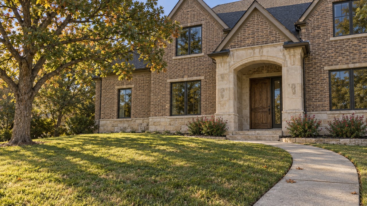 A brick-and-limestone home above a gently sloping lawn, with a curved concrete approach and a mature oak in autumn afternoon light.