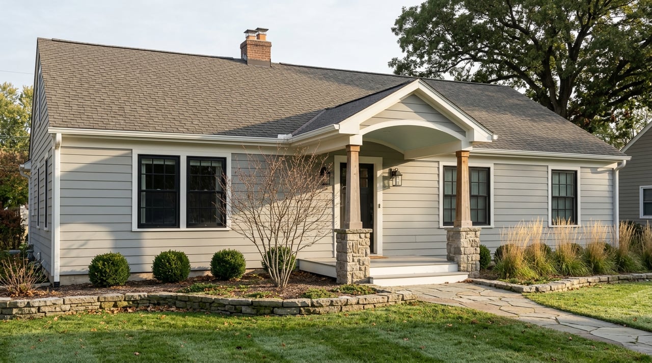 Two-story gray house with white trim, a covered porch, stone-edged garden, and curving flagstone path.
