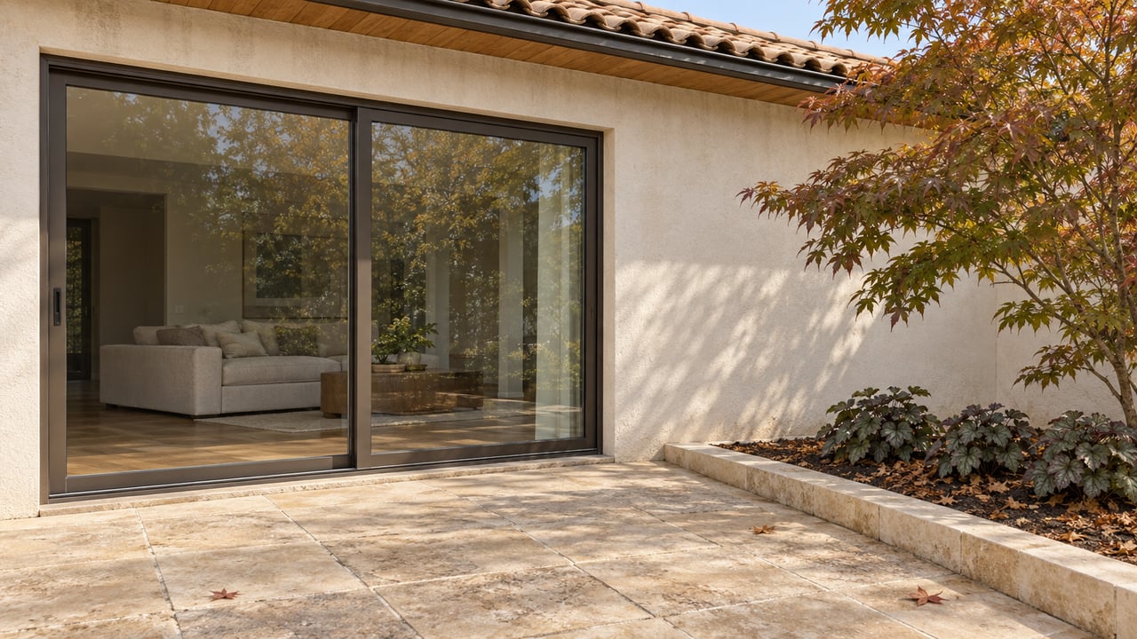 Ivory stucco home with bronze-framed sliding glass, a limestone terrace and a branching maple beside a raised planting bed.