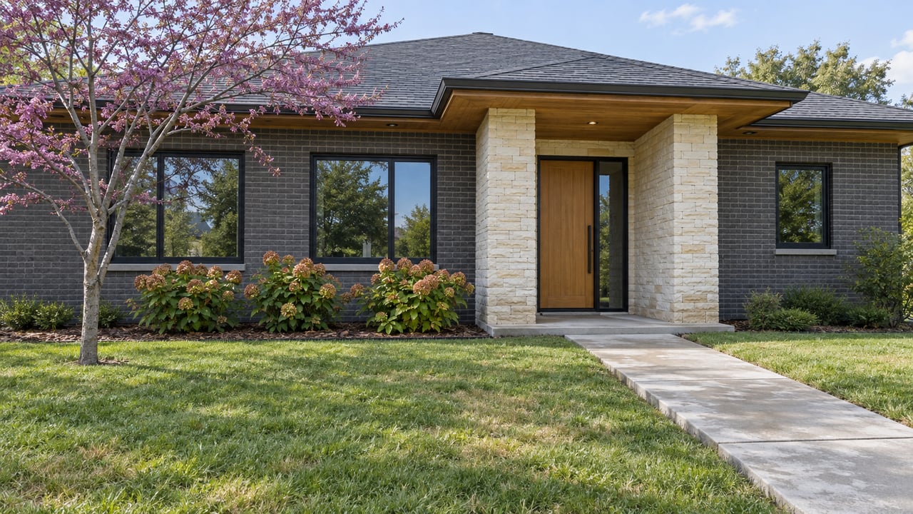 Contemporary single-story charcoal-brick home with a stone entry, cedar soffits, and a concrete approach across a deep lawn.