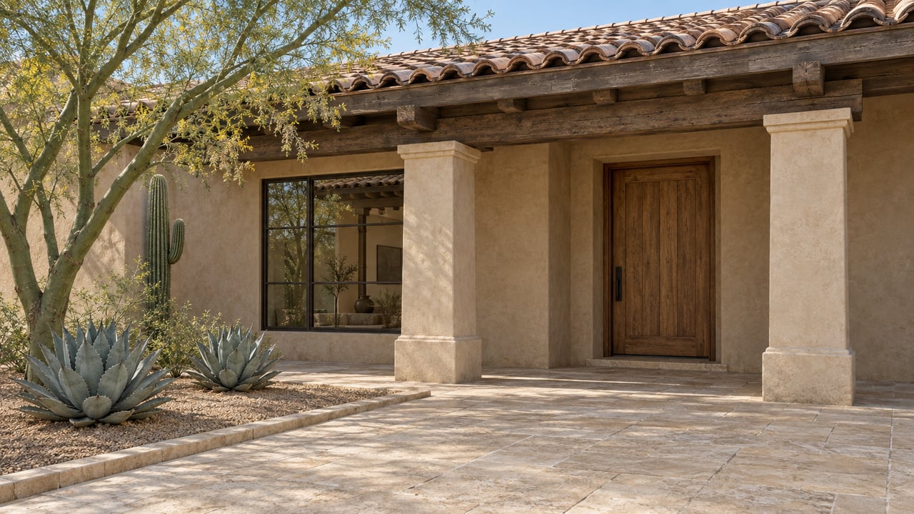 Sunlit sand-stucco home with clay tile roofing, timber porch beams, limestone approach and sculptural desert planting.
