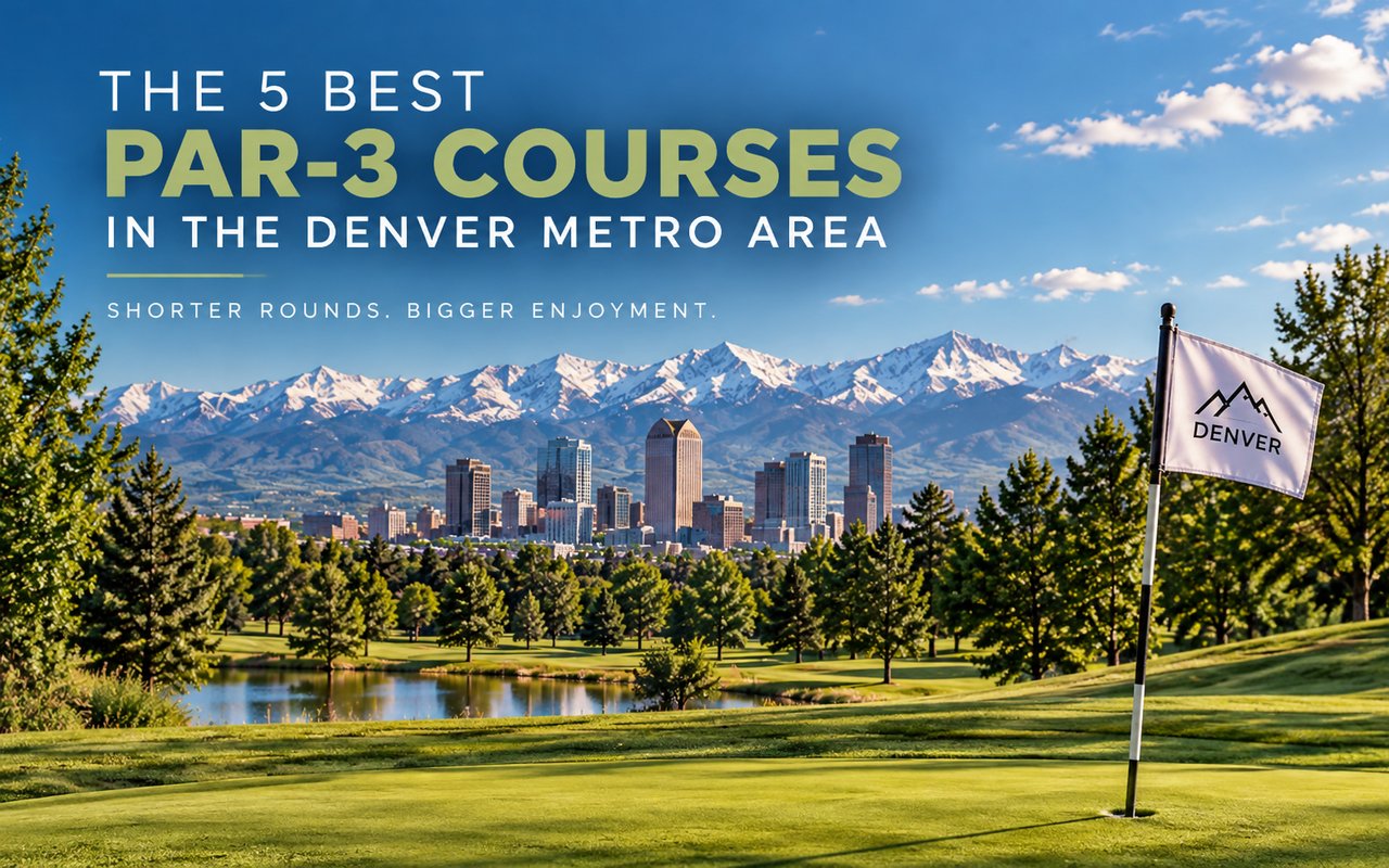 Title graphic for Denver metro’s five best par-3 golf courses, with a green, city skyline, and Rocky Mountains.