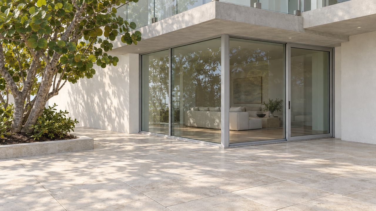 Pale limestone terrace beside a glazed coastal residence, with a sea-grape tree and shaded balcony overhead.
