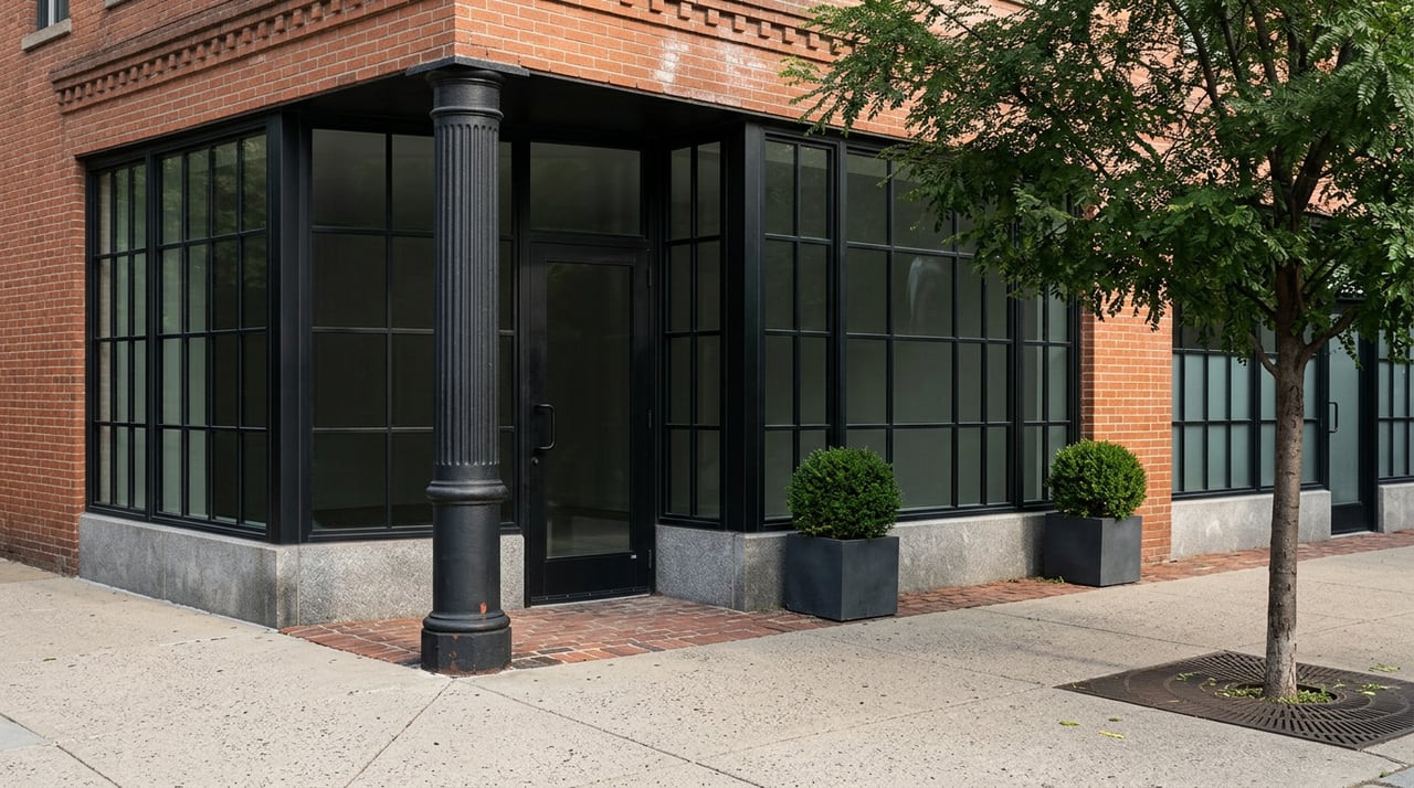 Black cast-iron storefront pier beside steel-framed windows, recessed glass door, and clipped boxwood planters.