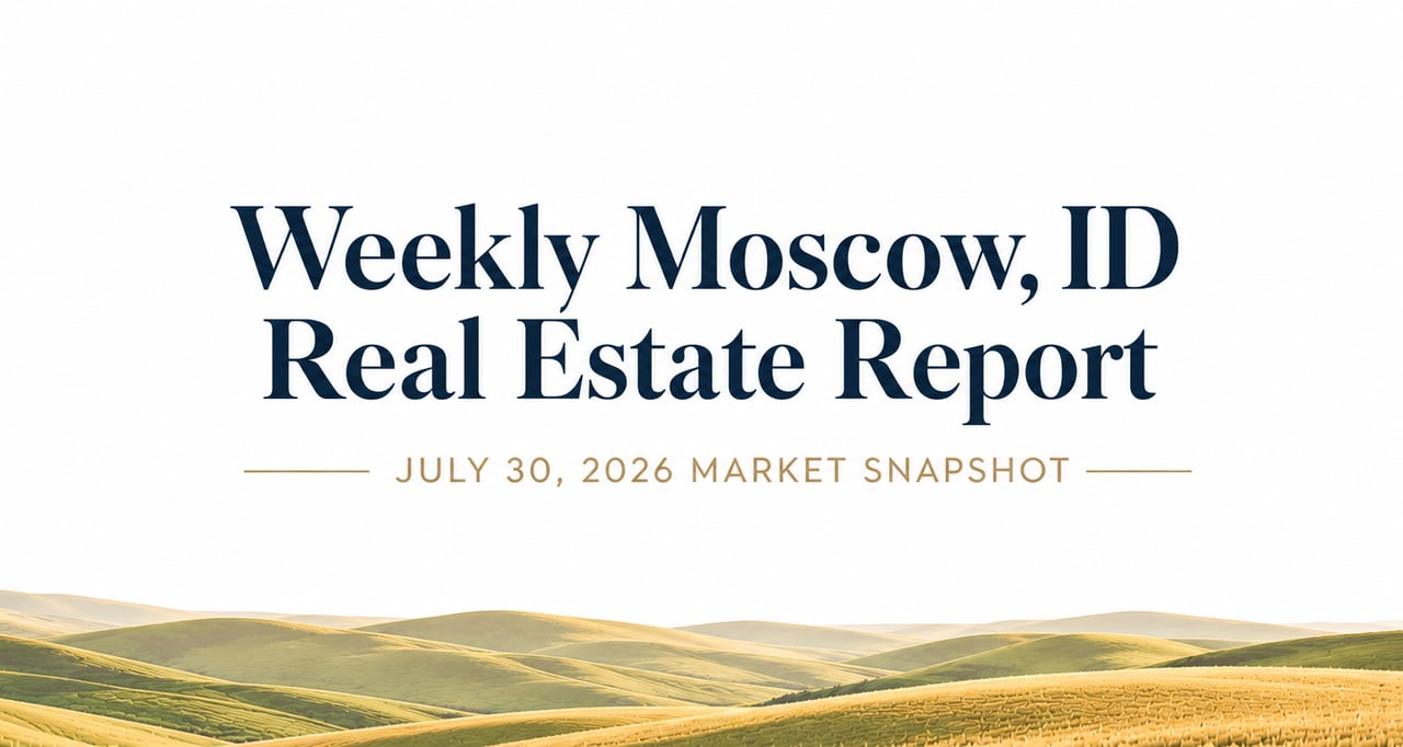 Professional blog header for Jordan Vorderbrueggen's July 30, 2026 weekly Moscow, ID real estate market report featuring Palouse hills and a subtle Moscow skyline.