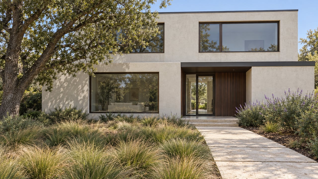 Contemporary stucco home with bronze-framed windows, a sheltered wood-lined entry, and a deep garden beneath a spreading oak.