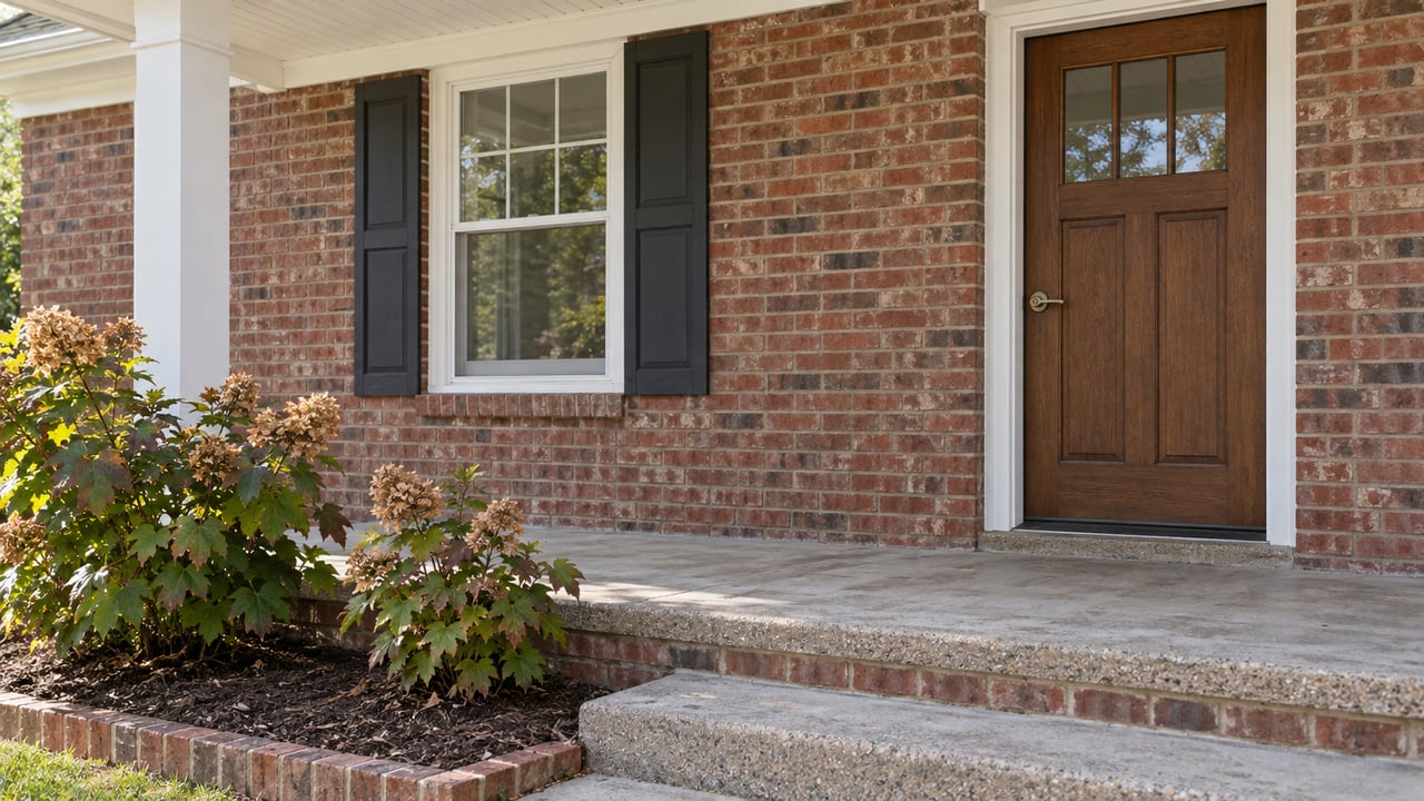 Close view of a red-brick home's covered entrance, with a brown wood door, shuttered window, concrete steps, and oakleaf hydrangeas.
