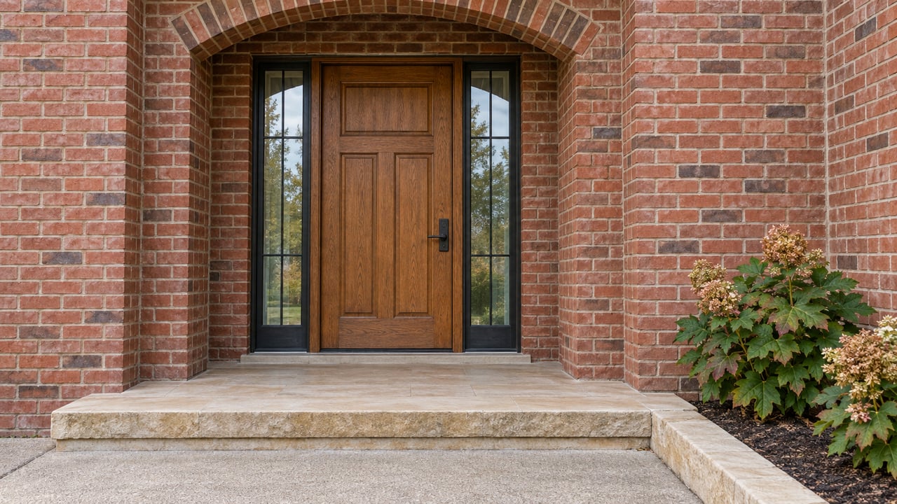 A recessed red-brick arched entry with an oak door, paired black-framed sidelights, limestone steps, and oakleaf hydrangeas.