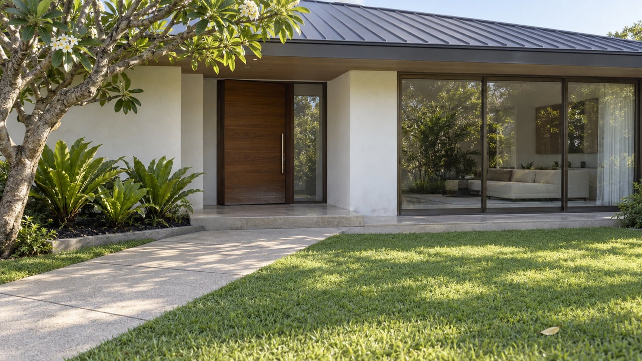 Modern single-story home with a recessed timber entrance, broad glass panels, deep roof eaves and a tropical front garden.