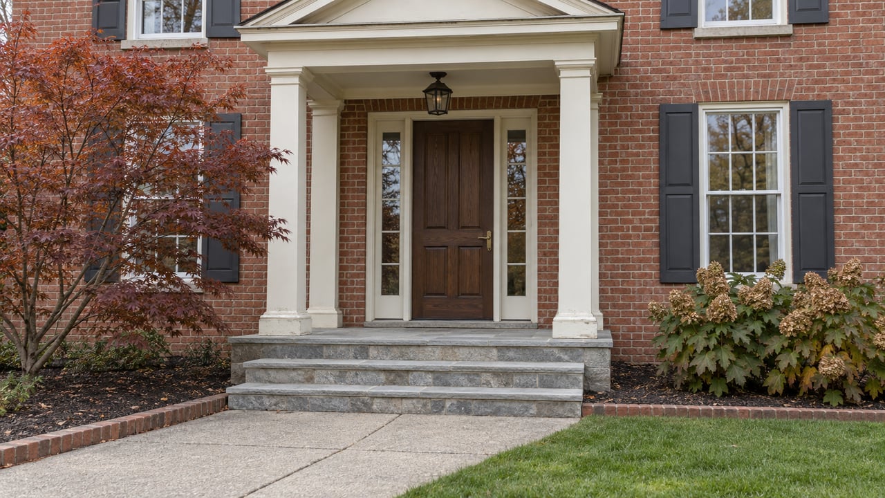 Brick home with an ivory columned porch, stone steps, autumn Japanese maple and oakleaf hydrangeas beside a clean concrete approach.