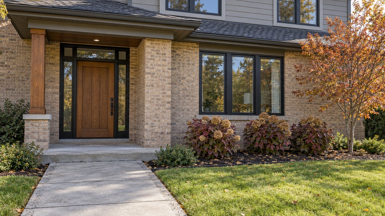 Sunlit brick and pale-sided home entry with an oak door, black-framed windows, concrete approach, and copper-colored autumn planting.