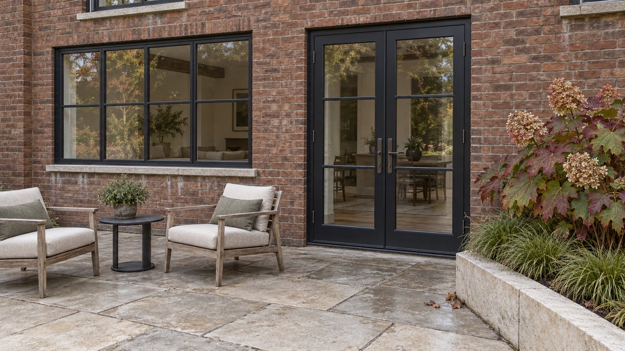 Rust-brick home with black-framed glass doors, a worn limestone terrace, two teak chairs and autumn oakleaf hydrangea.
