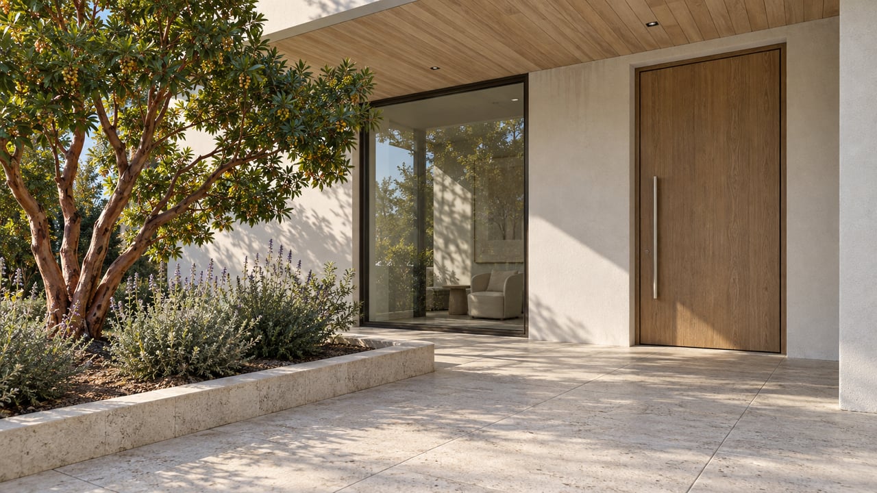 Modern home entrance with a tall wood door, glass wall, and leafy tree in a stone planter.