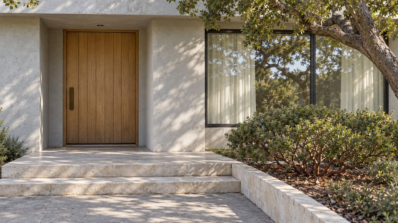 A sheltered pale-wood front door beside a large window, with limestone entry steps, a mature oak canopy and sculptural manzanita.