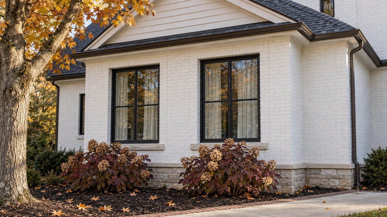 White-painted brick home with paired black-framed windows, autumn maple foliage and oakleaf hydrangeas beside a concrete walk.