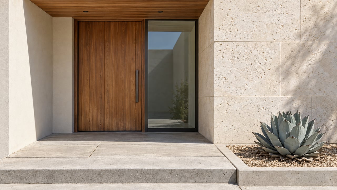 Close view of a contemporary home's recessed wood front door, bronze-framed sidelight and pale limestone wall beside a blue-gray agave in a gravel bed.