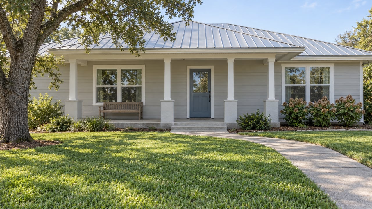 Pale-gray single-story home with a covered porch, deep green lawn, curving concrete walk, and mature spreading oak.