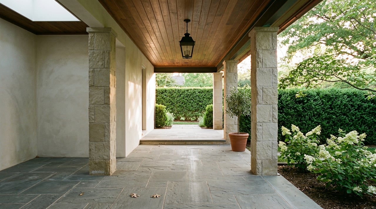 Sunlit limestone piers frame a bluestone breezeway leading to a clipped hedge, with hydrangeas and a potted olive tree.